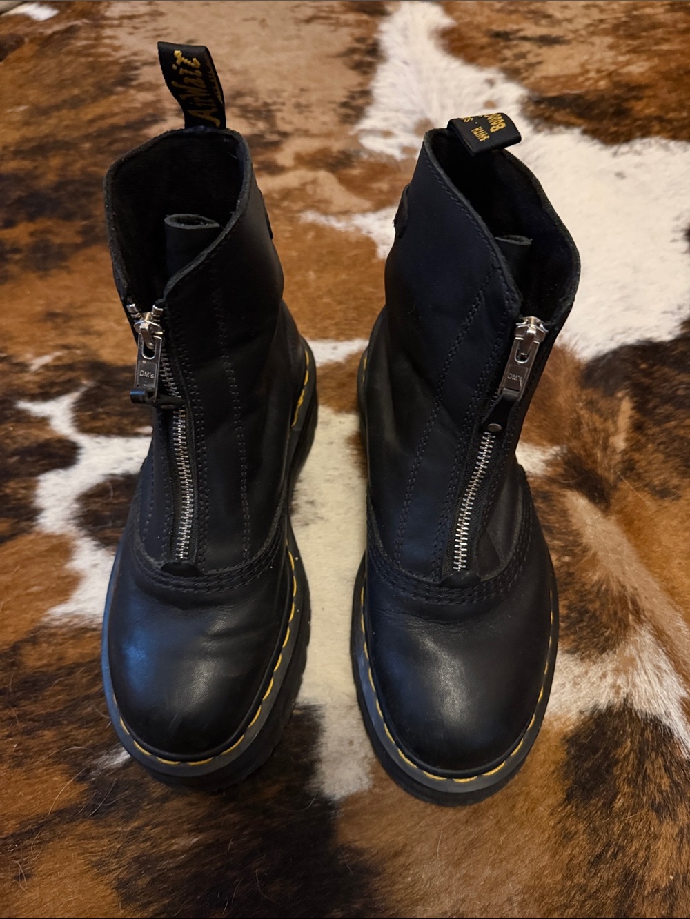Dr. Martens Black Leather Front-Zip Ankle Boots with Yellow Stitching